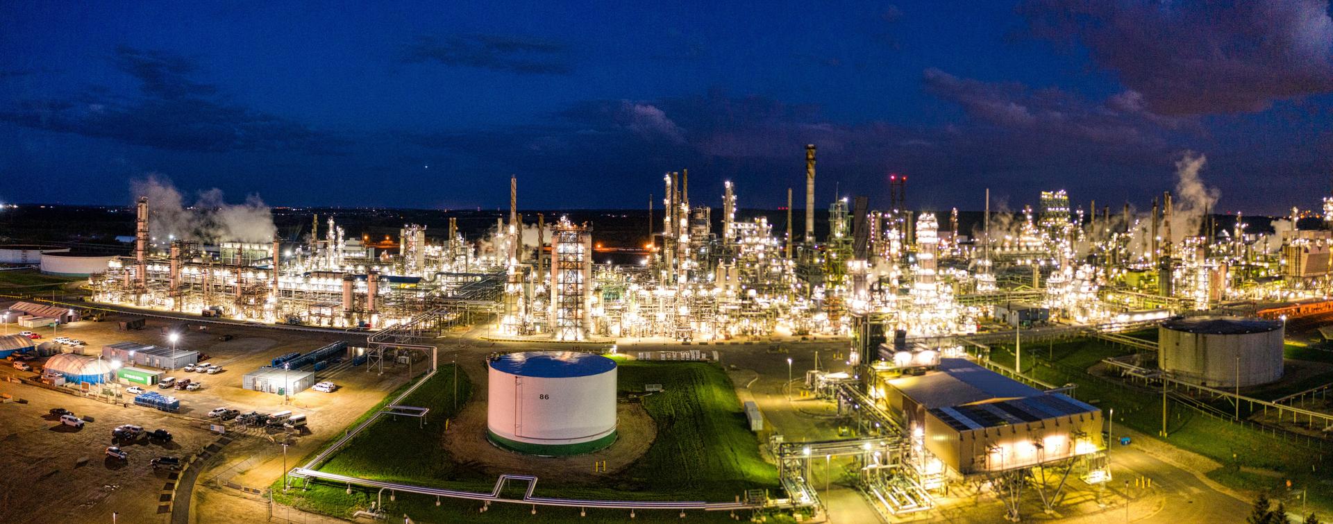 Aerial view of Gulf Coast chemical processing plant at night